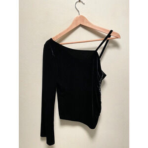 Womens Crop Top Size 10 Black Velvet Rhinestone One Shoulder Rave Witchy Y2K